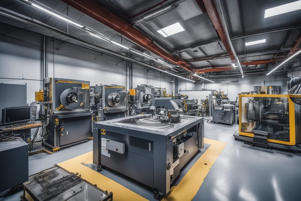 The featured image should contain a high-tech metal fabrication workshop with advanced machinery suc