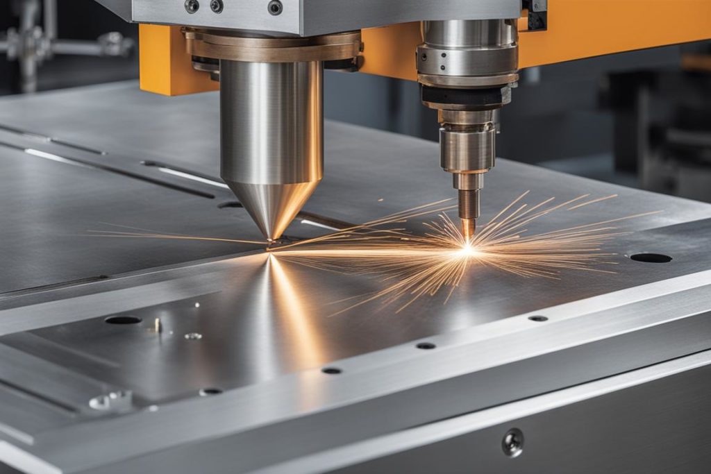 The image should feature a close-up of precision sheet metal fabrication equipment in action