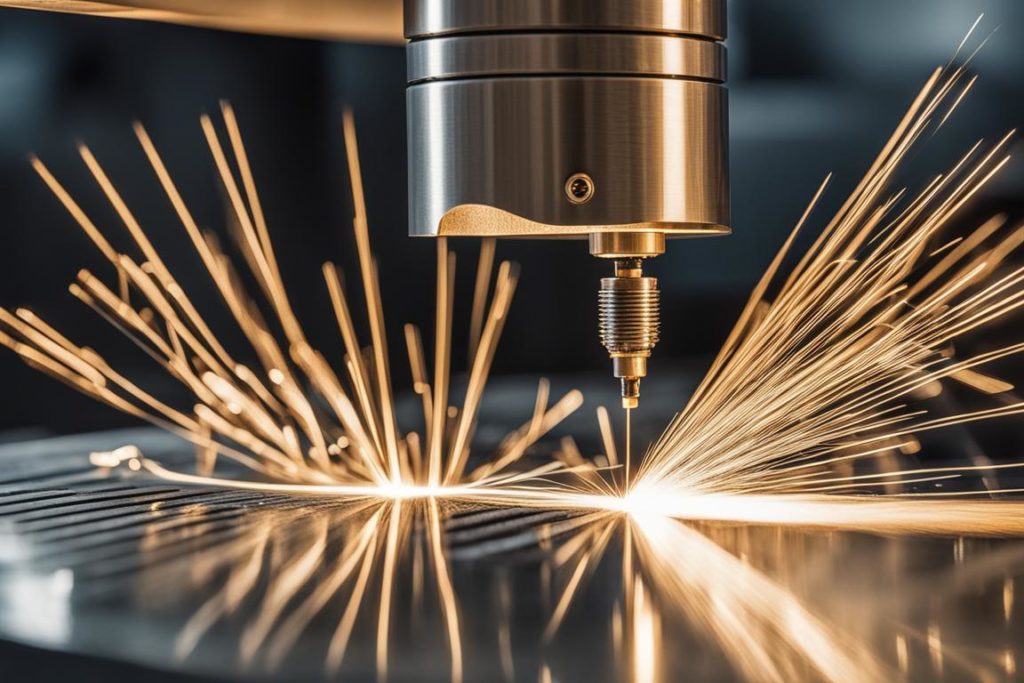 A close-up image of a precision laser cutting machine in action