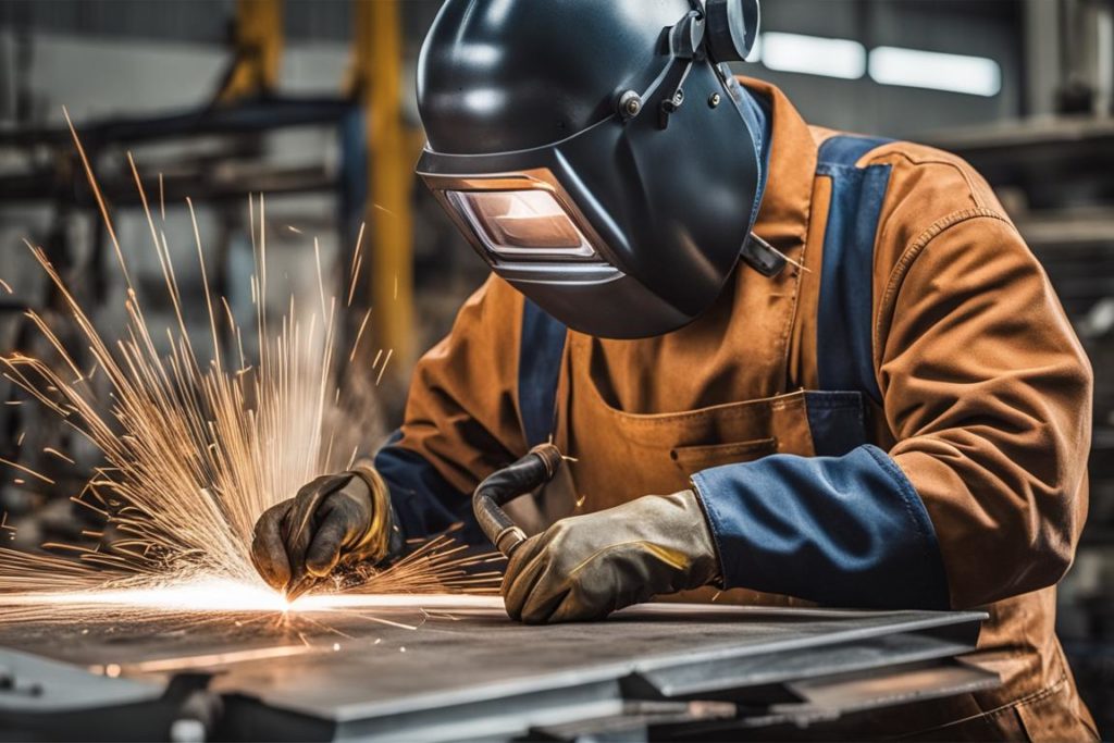 An image of a professional welder working on a metal fabrication project with welding equipment and