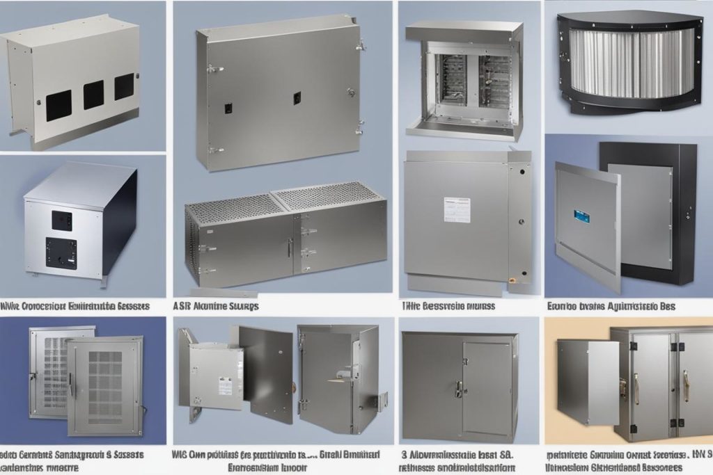 An image of a variety of electrical enclosures made from different materials such as stainless steel