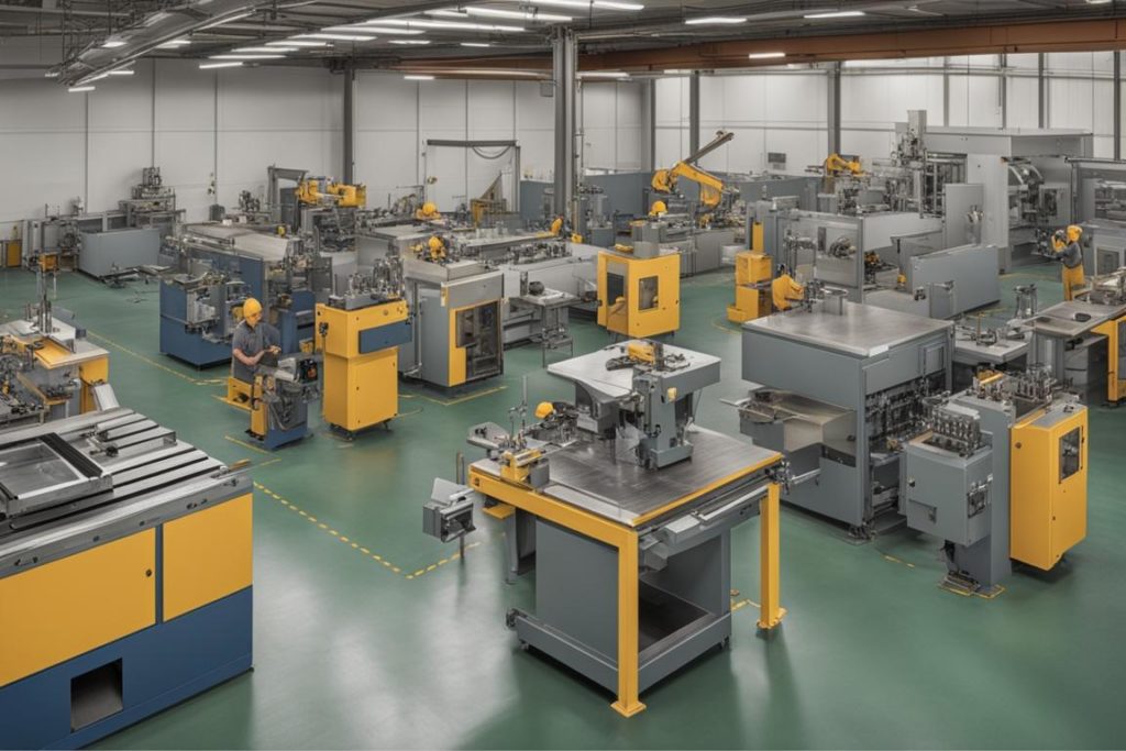 An image of a precision sheet metal fabrication workshop with workers operating machinery and creati